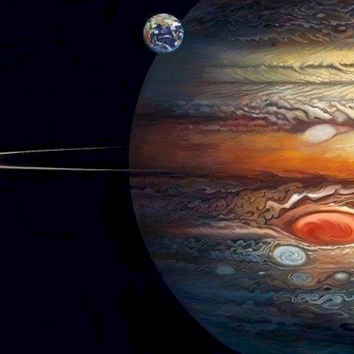 An artistic depiction of Jupiter with its Great Red Spot, Earth, and two spacecraft passing by in space.