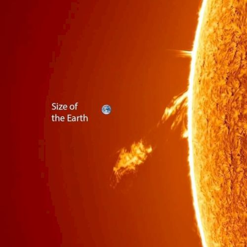 A comparison of Earth's size to a portion of the sun, illustrating their vast difference, with the sun on the right and a label for Earth.