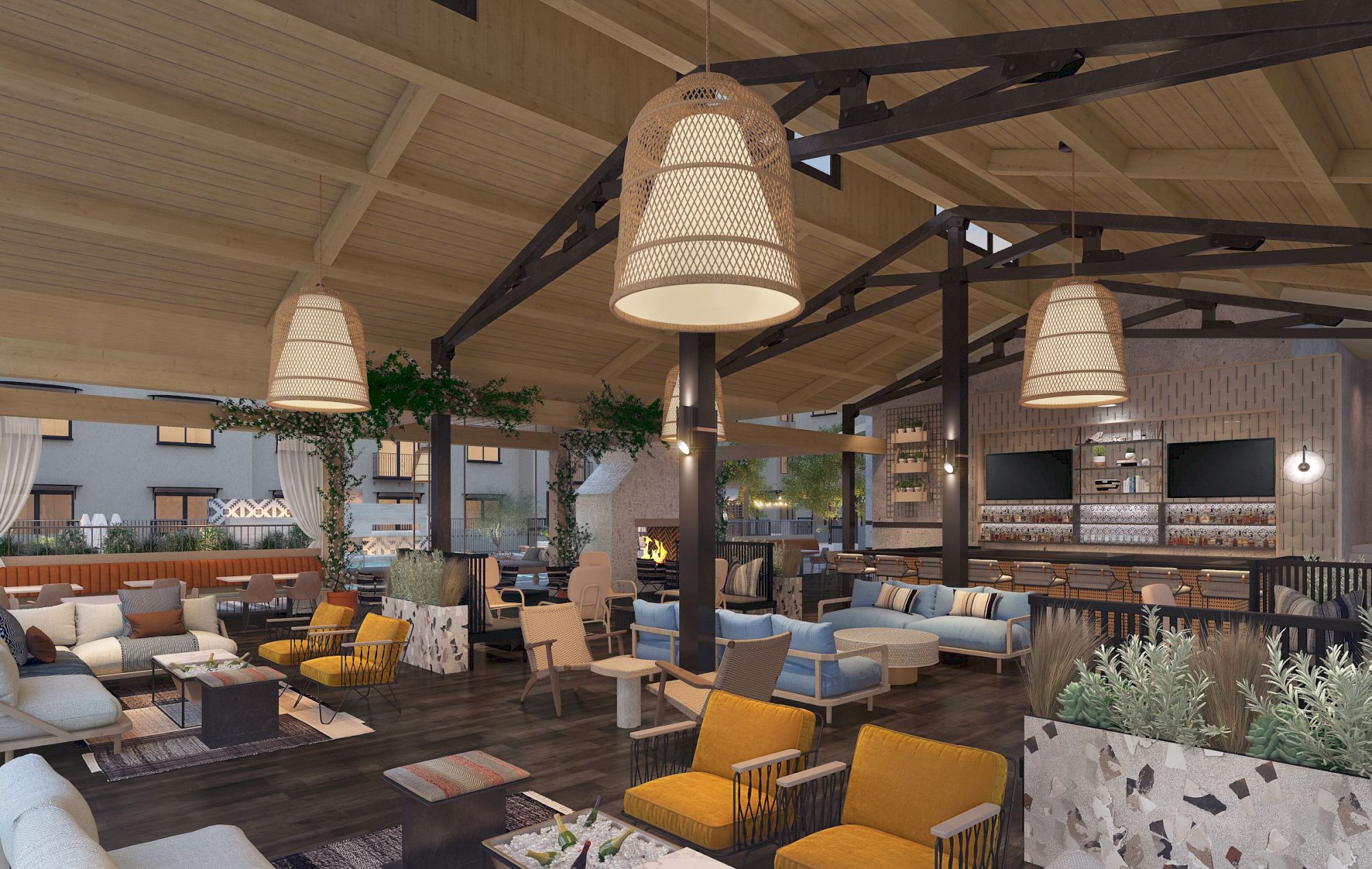The image shows a stylish, spacious lounge with cozy seating, pendant lights, greenery, and a bar area under a vaulted wooden ceiling.