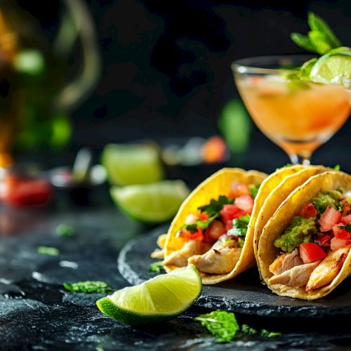 Tacos with meat and vegetables are paired with cocktails garnished with lime and mint, set on a dark table with blurred background.