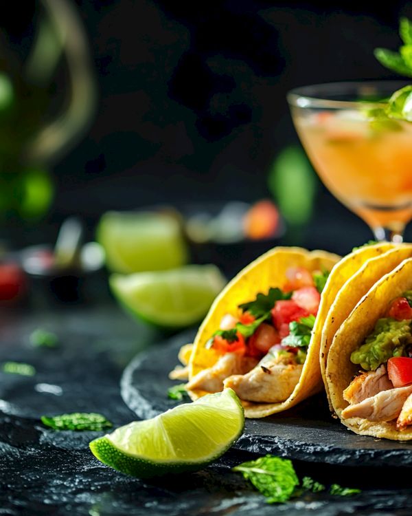Tacos with meat and vegetables are paired with cocktails garnished with lime and mint, set on a dark table with blurred background.