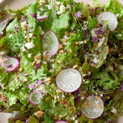 A fresh salad with leafy greens, radish slices, crumbled cheese, and seeds on a plate with a fork.
