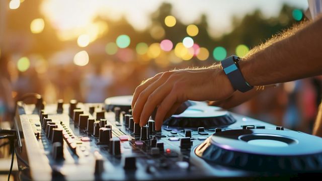 A DJ adjusts controls on a mixer at an outdoor event, with colorful lights and a blurred crowd in the background.
