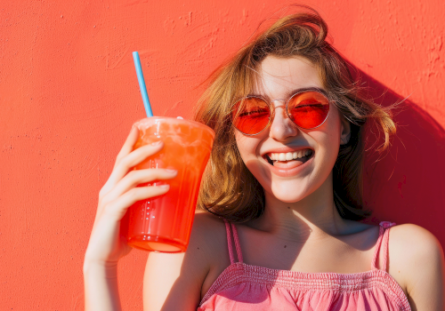 A person in sunglasses smiles, holding a bright orange drink with a blue straw, set against a vibrant orange background.