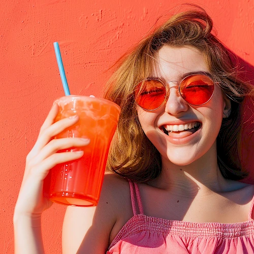 A person in sunglasses smiles, holding a bright orange drink with a blue straw, set against a vibrant orange background.