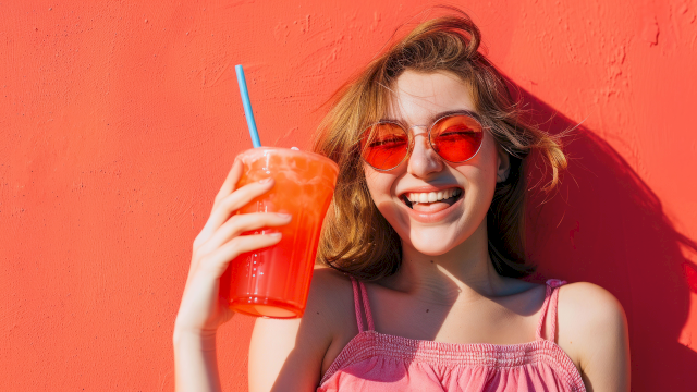 A person in sunglasses smiles, holding a bright orange drink with a blue straw, set against a vibrant orange background.