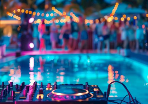 A DJ setup by a pool with blurred people and string lights in the background, creating a party atmosphere.