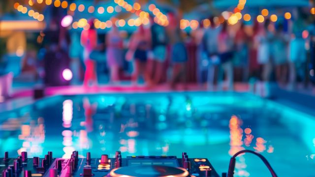 A DJ setup by a pool with blurred people and string lights in the background, creating a party atmosphere.