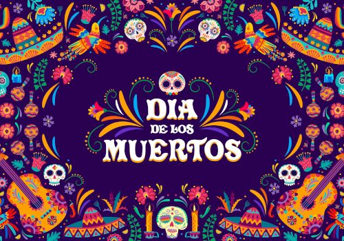 Colorful "Día de los Muertos" design featuring skulls, guitars, flowers, and decorative patterns on a dark background.