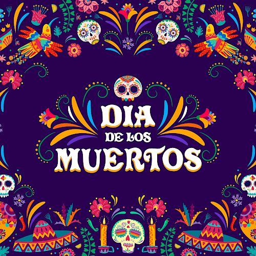 Colorful "Día de los Muertos" design featuring skulls, guitars, flowers, and decorative patterns on a dark background.