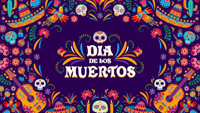 Colorful "Día de los Muertos" design featuring skulls, guitars, flowers, and decorative patterns on a dark background.
