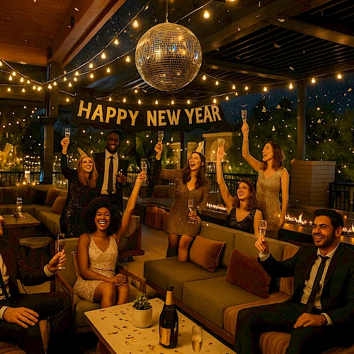 A festive rooftop party with friends celebrating New Year, raising glasses, confetti, string lights, and a “Happy New Year” banner under a disco ball.